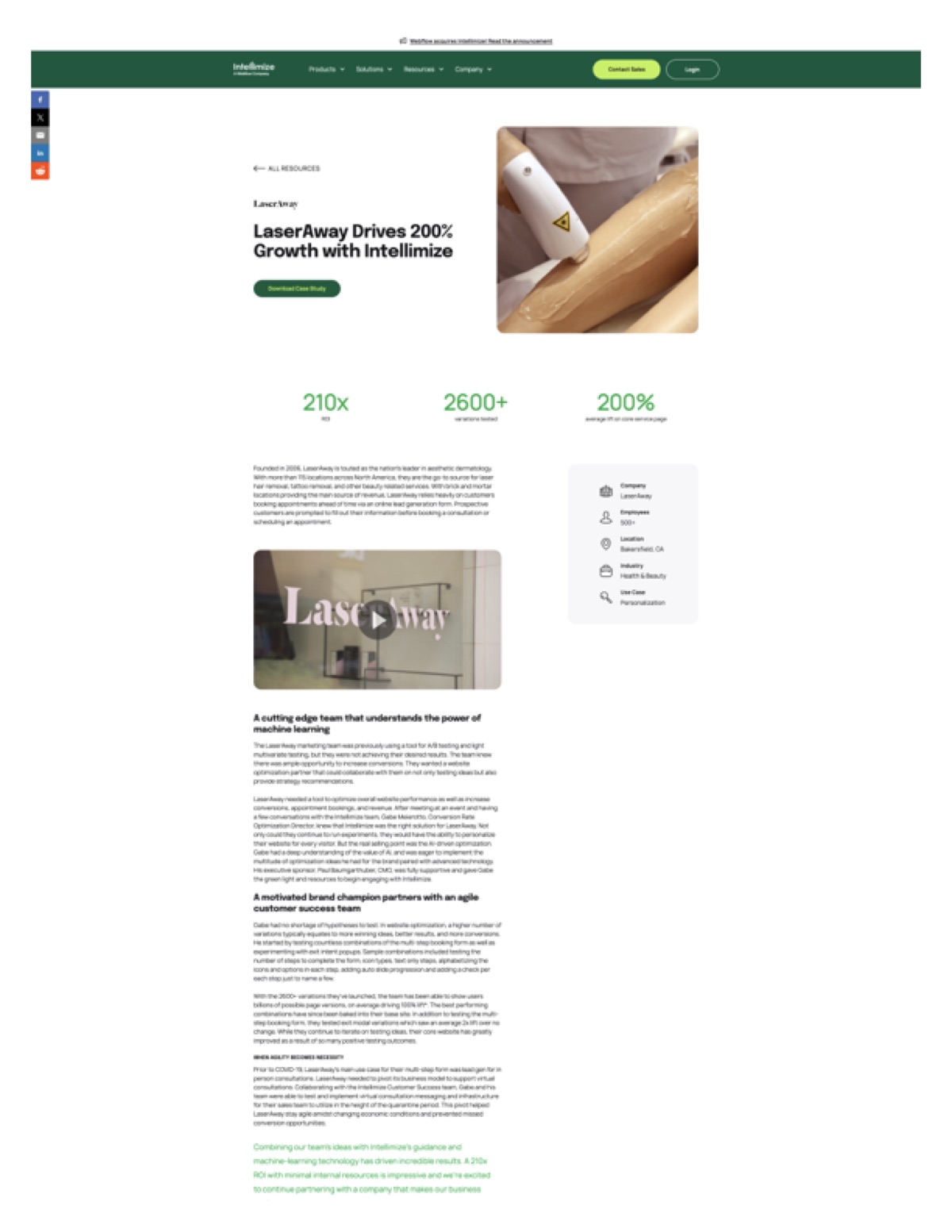 First page of the case study: LaserAway Drives 200% Growth with Intellimize